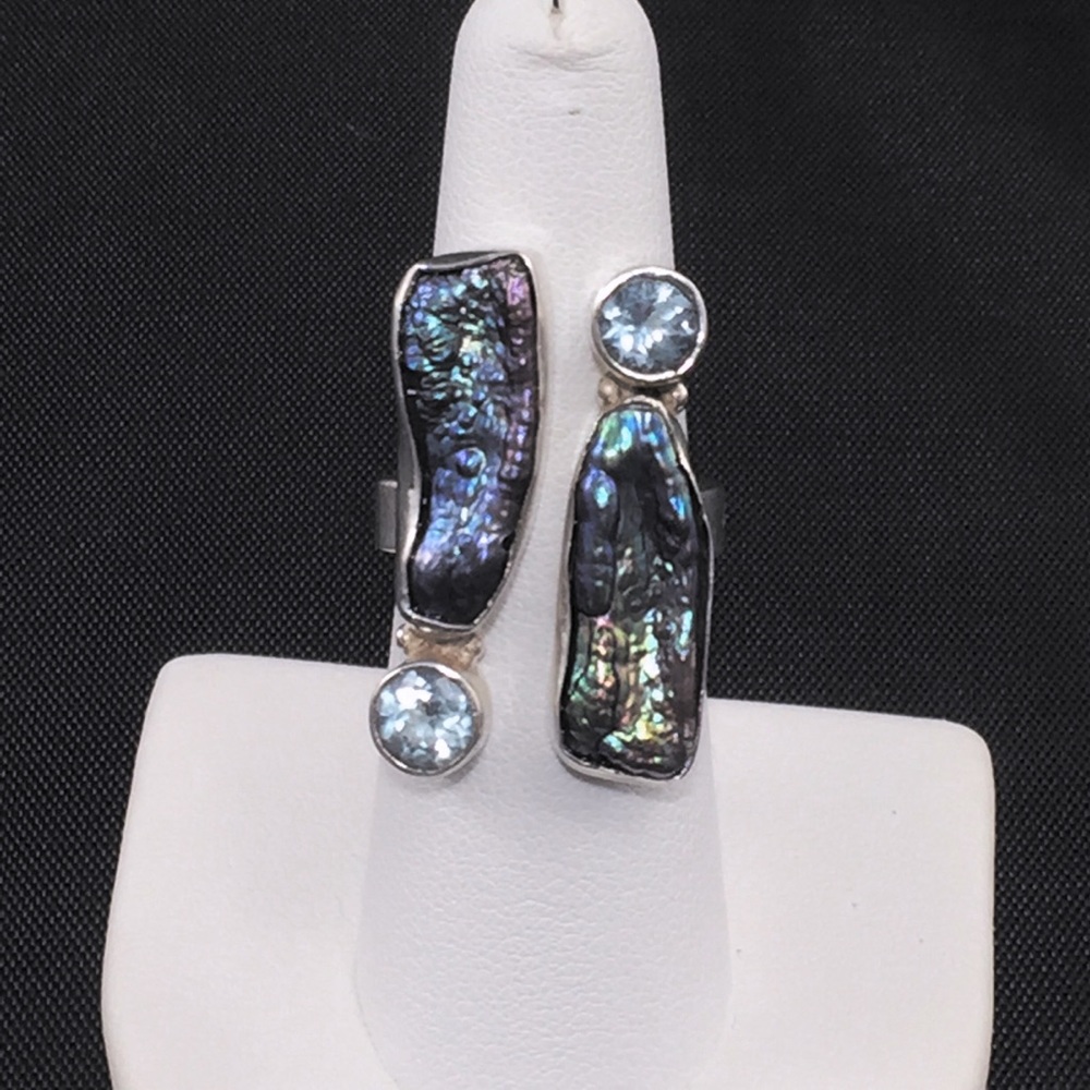 Blue topaz and biwa pearl ring, sterling silver